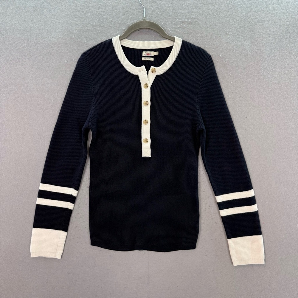 Faherty - women’s Mikki Henley navy white sweater organic cotton cashmere top L - Picture 5 of 8